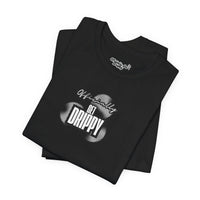 Black t-shirt with 'Officially Let Drippy' text on a white background