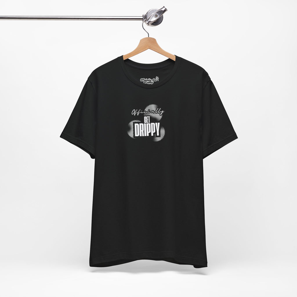 Black t-shirt with white text and design on a hanger against a white background