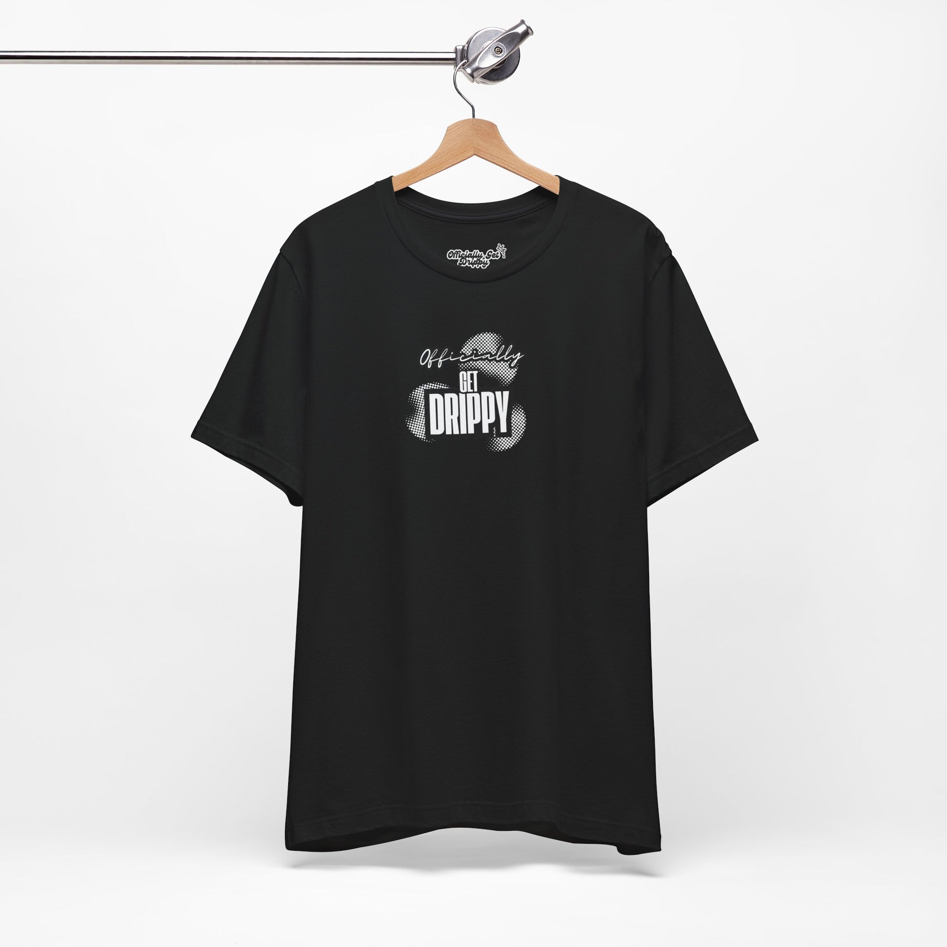 Black t-shirt with white text and design on a hanger against a white background