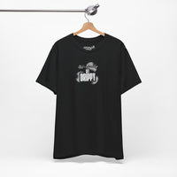 Black t-shirt with white text and design on a hanger against a white background