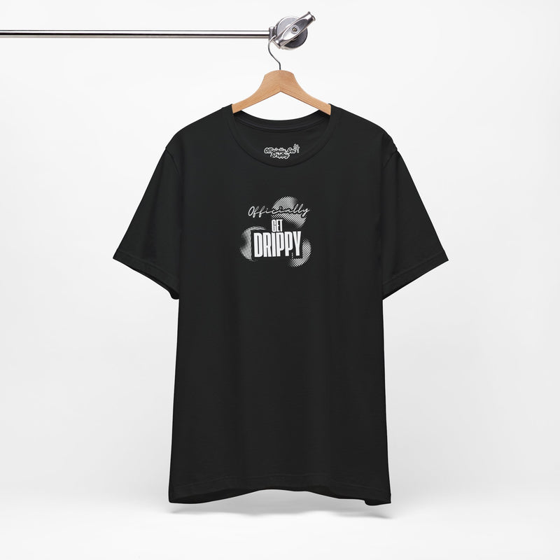 Black t-shirt with white text and design on a hanger against a white background
