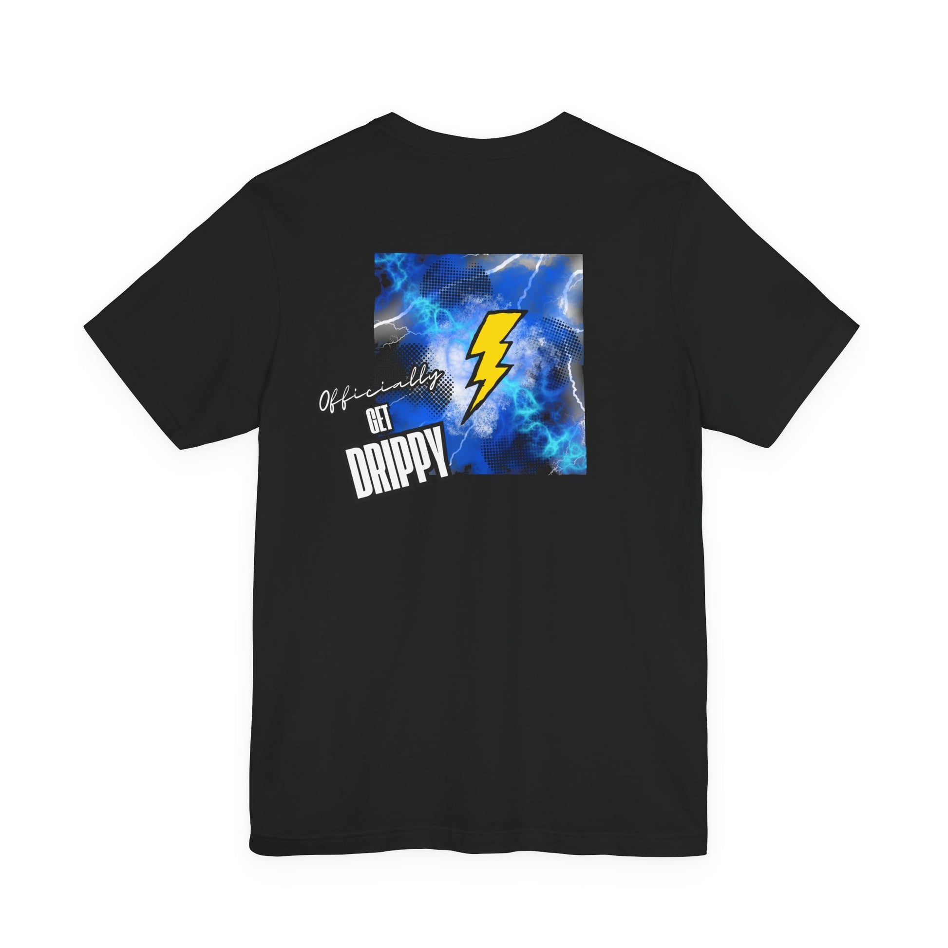 Black t-shirt with a blue lightning graphic and text on the back against a white background