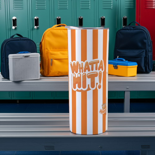 20oz Straight Cup With Sliding Lid Orange Striped "Whatta Hit" Design
