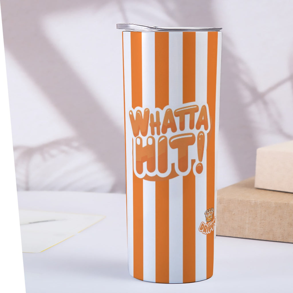 20oz Straight Cup With Sliding Lid Orange Striped "Whatta Hit" Design