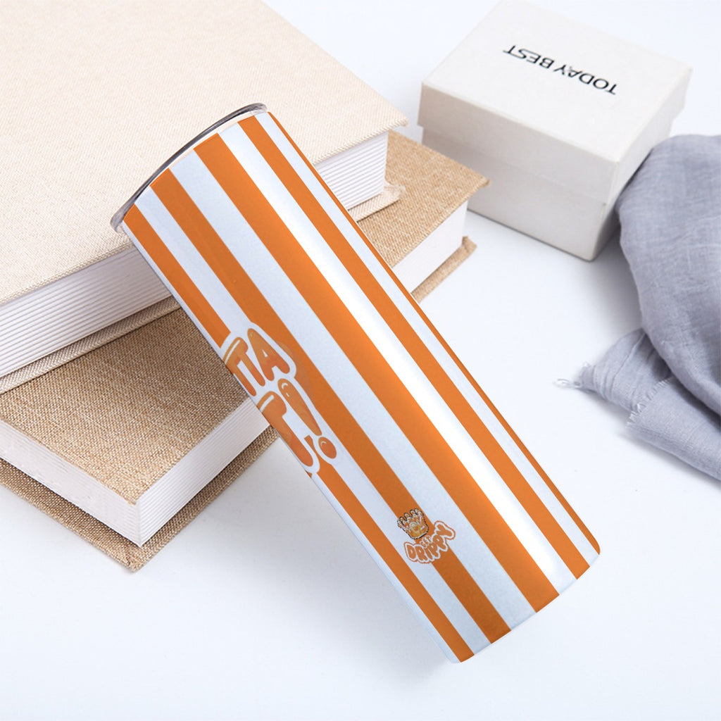 20oz Straight Cup With Sliding Lid Orange Striped "Whatta Hit" Design