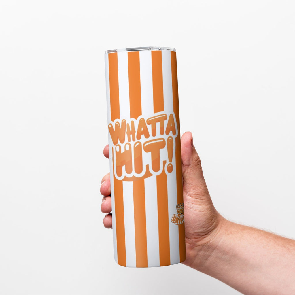 20oz Straight Cup With Sliding Lid Orange Striped "Whatta Hit" Design