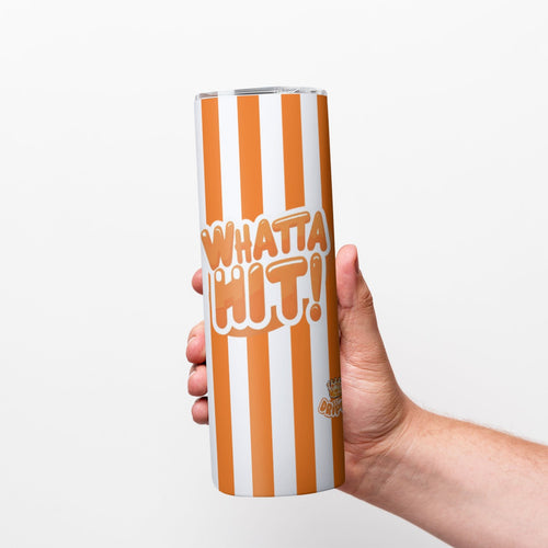 20oz Straight Cup With Sliding Lid Orange Striped "Whatta Hit" Design