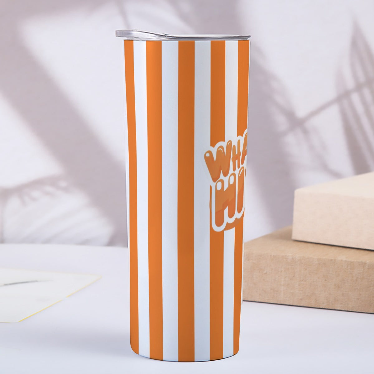 20oz Straight Cup With Sliding Lid Orange Striped "Whatta Hit" Design