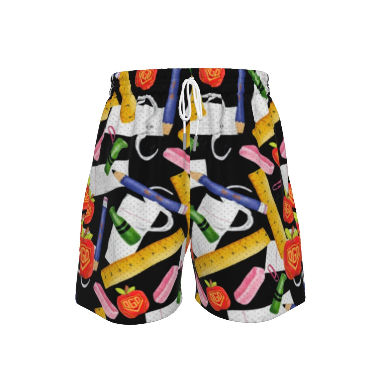A pair of men's swim trunks featuring a black background with a colorful all-over print of pencils, coffee mugs, roses, and pink straws, complete with a white drawstring waist. First Day Fresh Back To School Shorts
