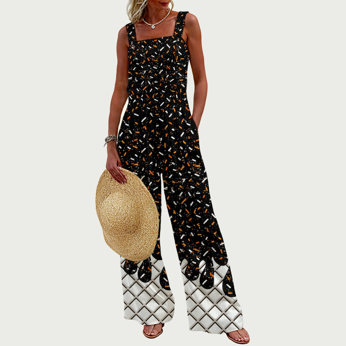 Black and Orange Women's Wide-Leg Jumpsuit