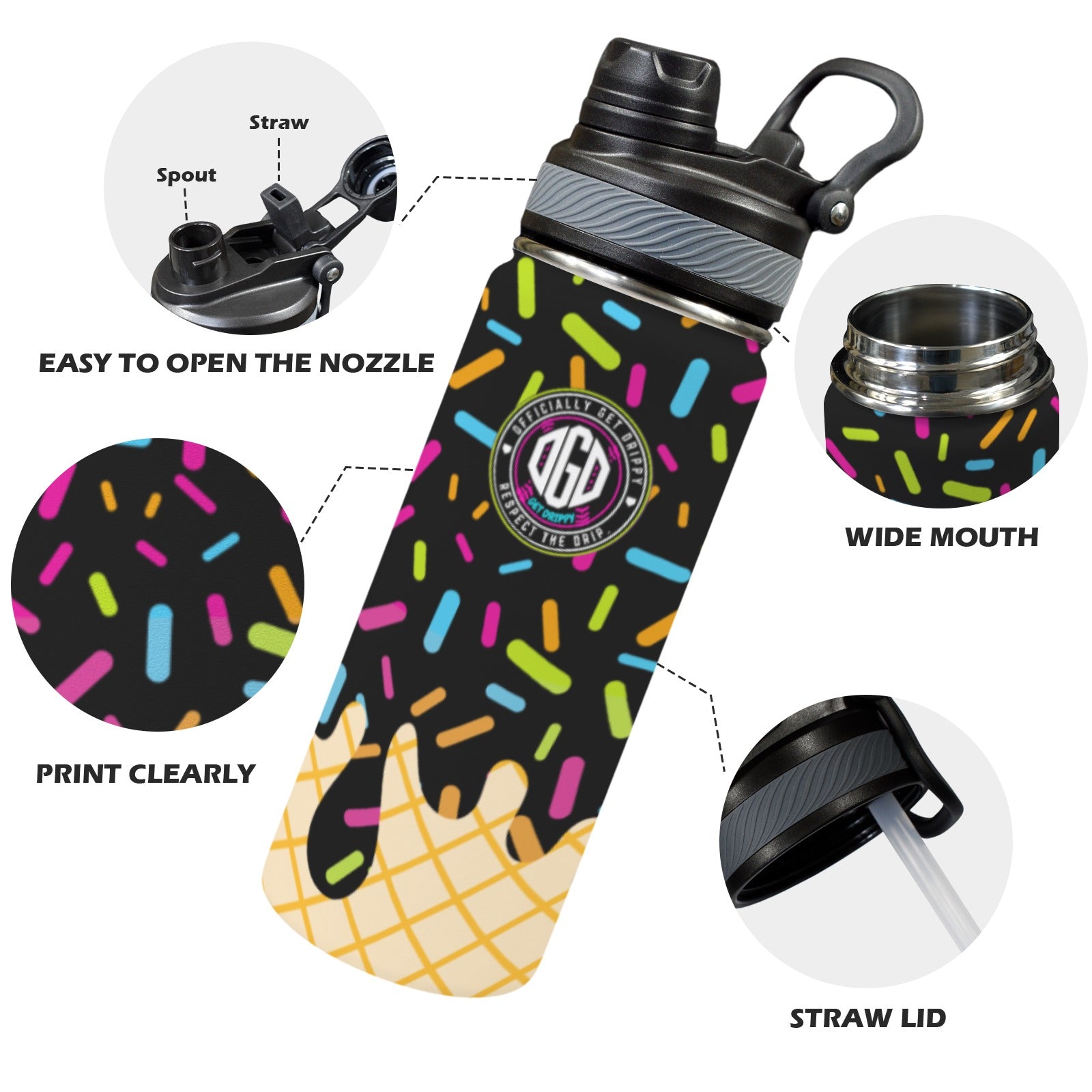 Midnight Sundae Insulated Water Bottle with Dual-Use Lid (18oz)