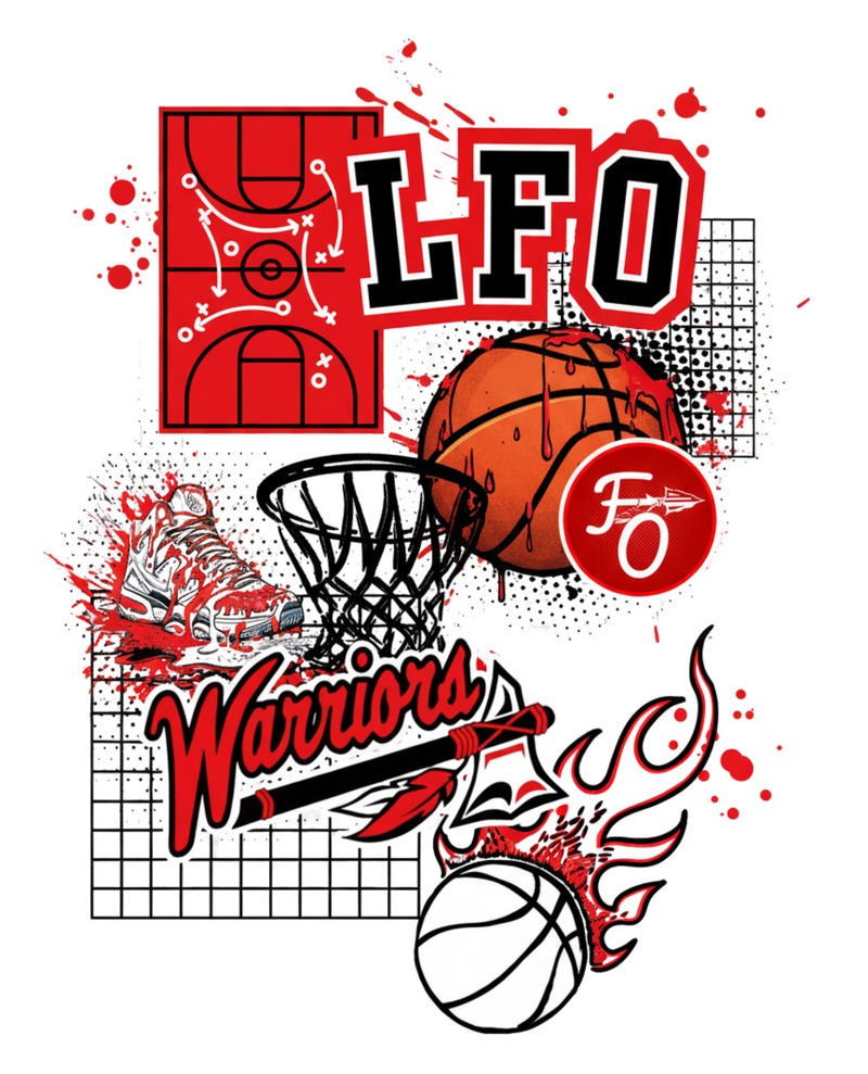 Basketball-themed design with 'LFO' and 'Warriors' text on a white background