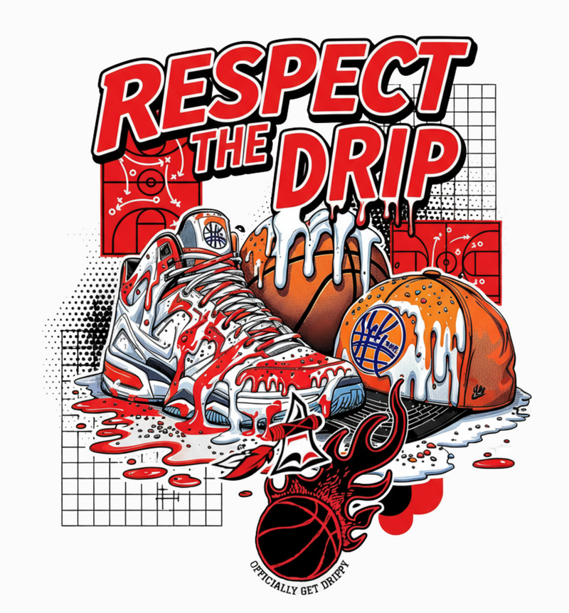 Illustration of a sneaker and basketball with 'Respect the Drip' text on a white background