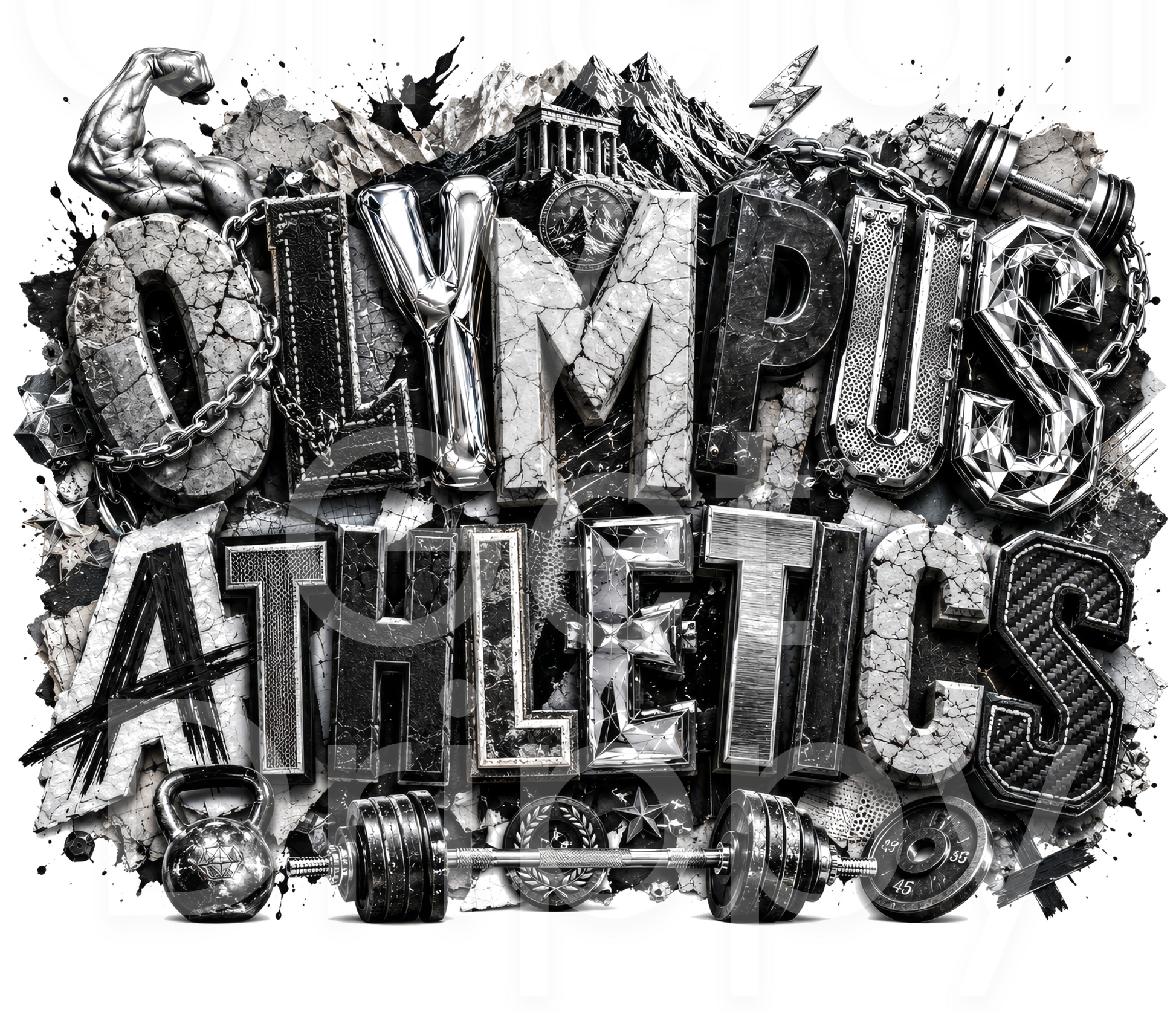 Black and white graphic design featuring the words 'OLYMPus ATHLETICS' in a bold, textured, graffiti-style font, surrounded by gym equipment like a barbell, kettlebell, dumbbell, and weights.