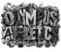 Black and white graphic design featuring the words 'OLYMPus ATHLETICS' in a bold, textured, graffiti-style font, surrounded by gym equipment like a barbell, kettlebell, dumbbell, and weights.