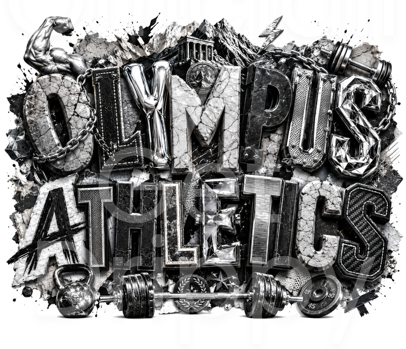 Black and white graphic design featuring the words 'OLYMPus ATHLETICS' in a bold, textured, graffiti-style font, surrounded by gym equipment like a barbell, kettlebell, dumbbell, and weights.