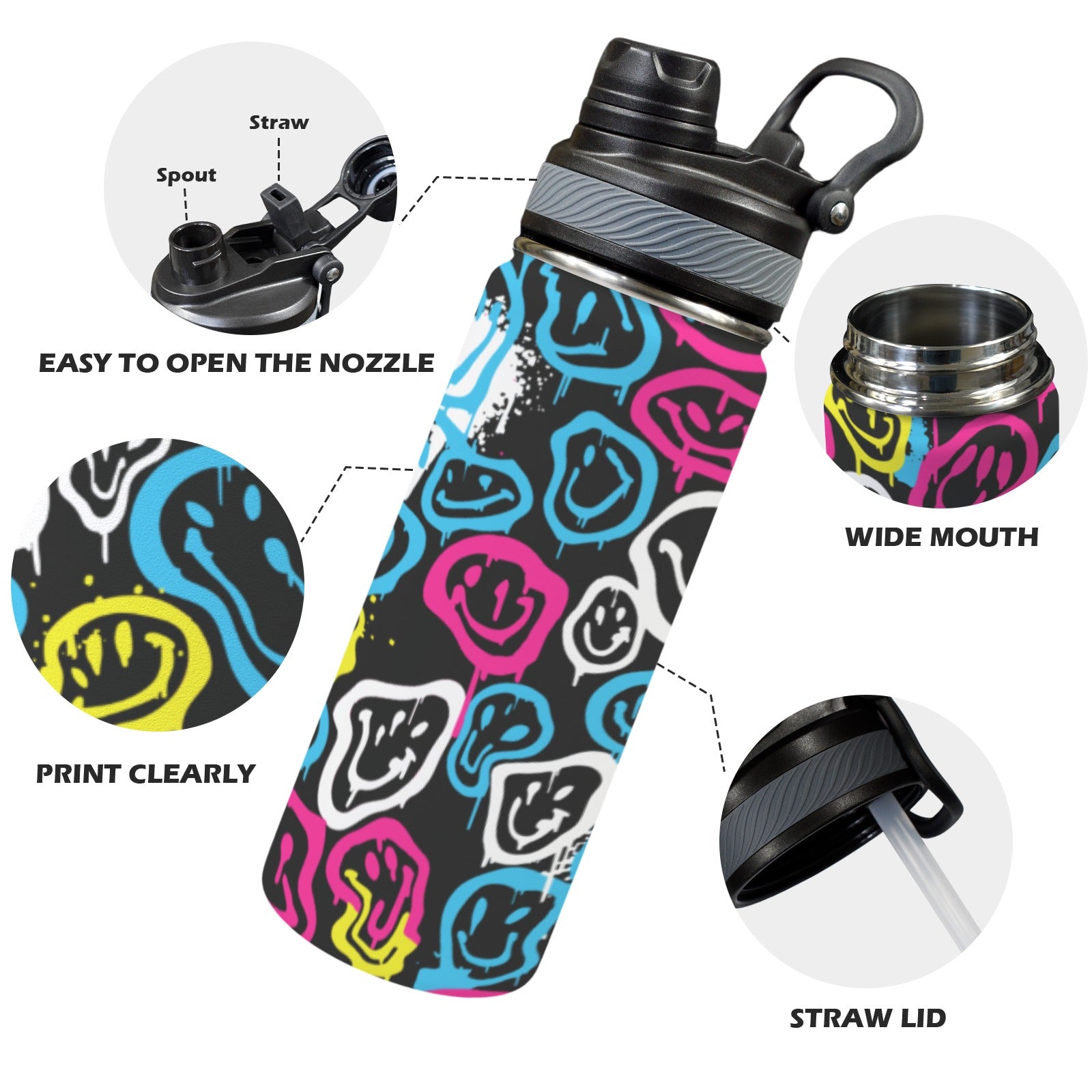 Smiley Slugger Insulated Water Bottle with Dual-Use Lid (18oz)